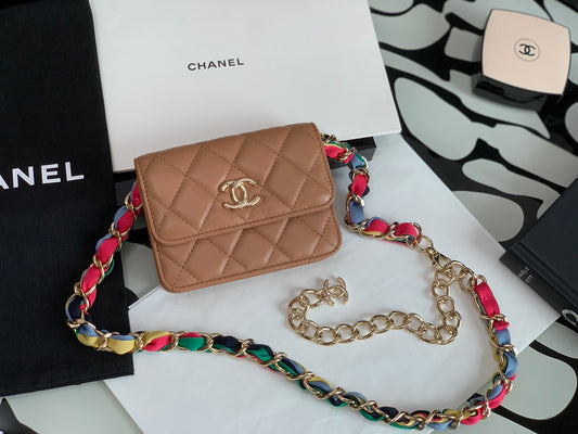 Chanel Tan Quilted Leather Mini Flap Bag with Multicolored Chain Strap