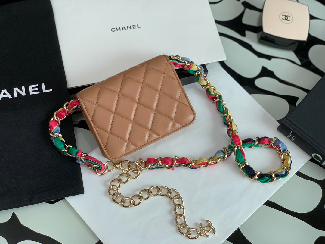 Chanel Tan Quilted Leather Mini Flap Bag with Multicolored Chain Strap