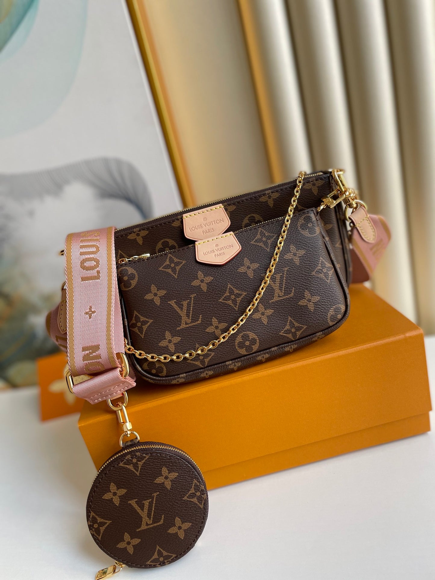 Louis Vuitton Multi Pochette Accessoires Monogram Canvas with Rose Claire Strap