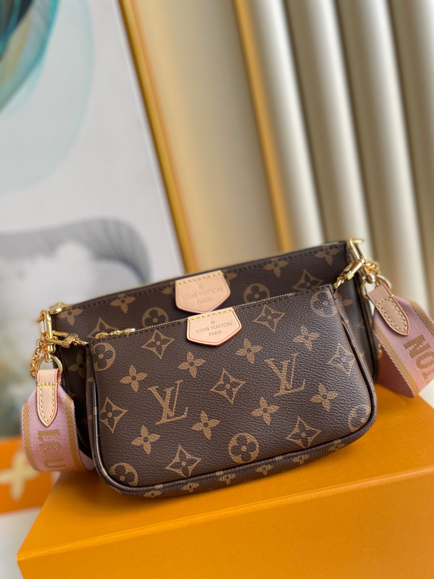 Louis Vuitton Multi Pochette Accessoires Monogram Canvas with Rose Claire Strap