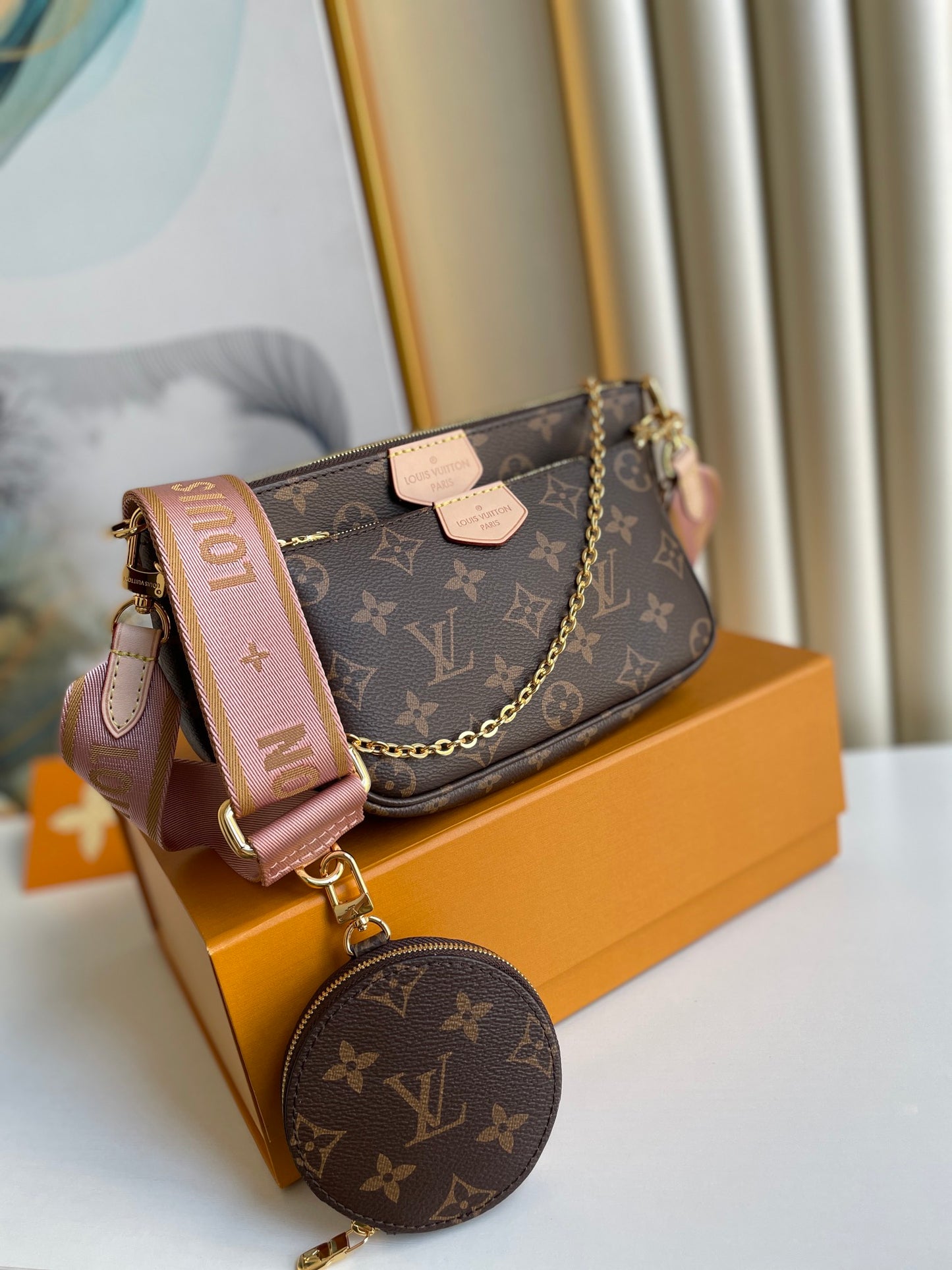 Louis Vuitton Multi Pochette Accessoires Monogram Canvas with Rose Claire Strap