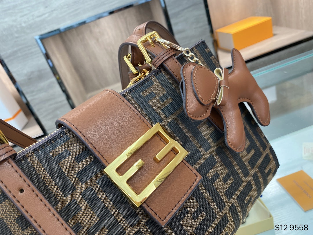 Fendi FF Monogram Canvas Baguette Bag with Leather Trim and Dog Charm