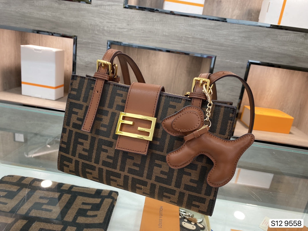 Fendi Brown Zucca Monogram Baguette Handbag with Gold-Tone Hardware