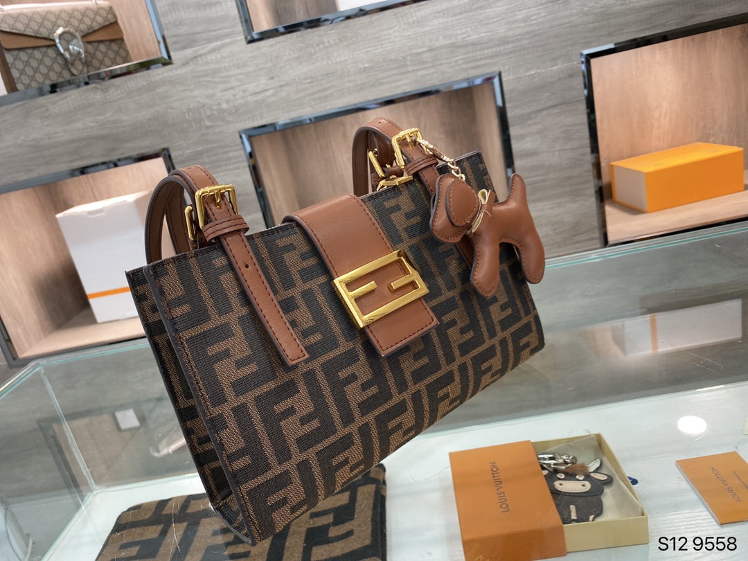 Fendi Brown Zucca Monogram Baguette Handbag with Gold-Tone Hardware