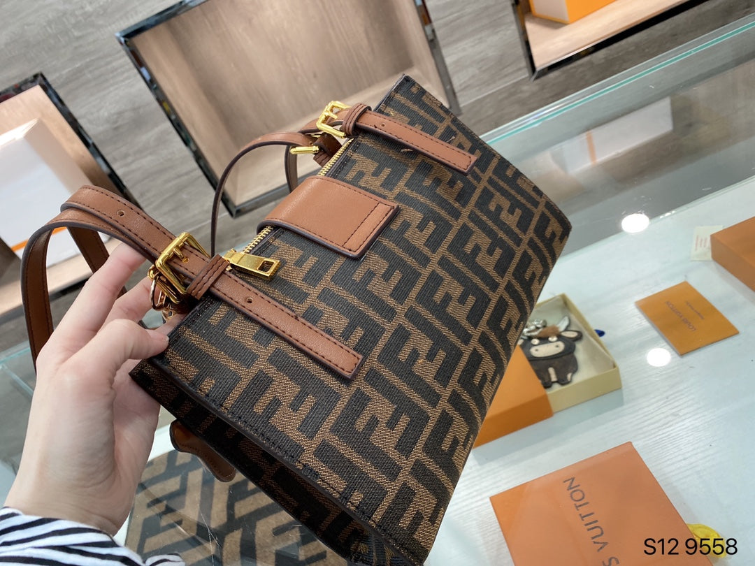 Fendi FF Monogram Canvas Baguette Bag with Leather Trim and Dog Charm