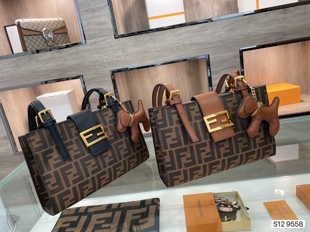 Fendi Brown Zucca Monogram Baguette Handbag with Gold-Tone Hardware