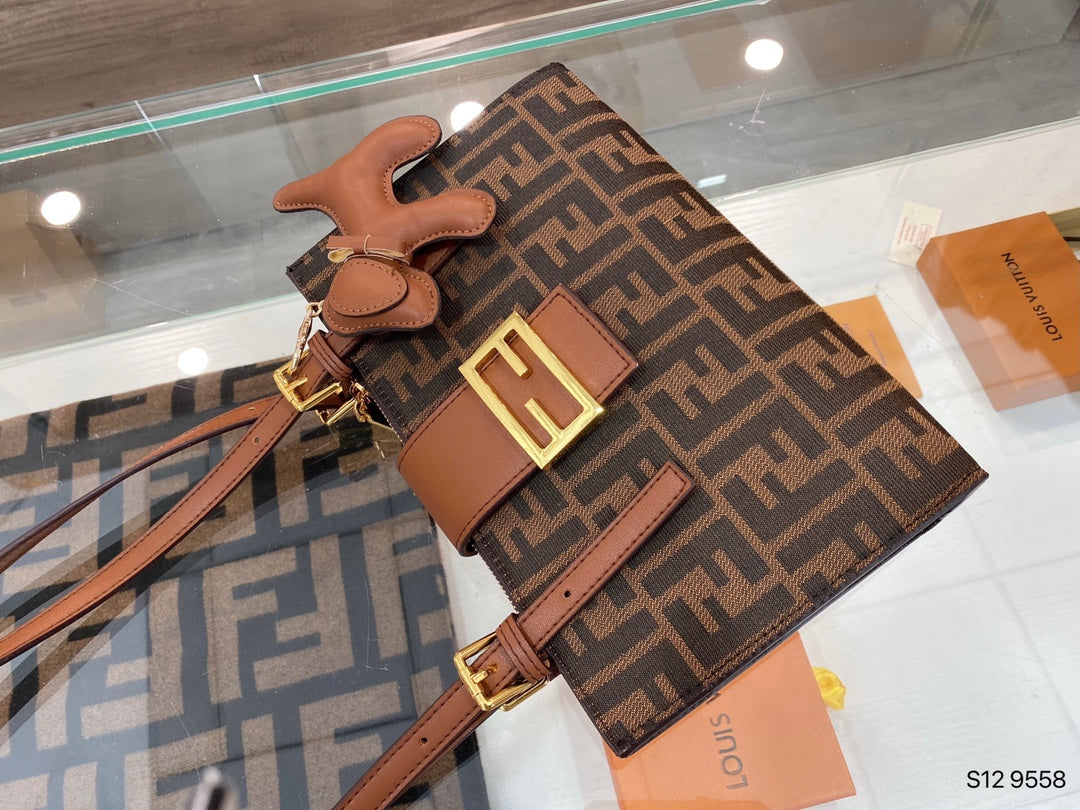Fendi Brown Zucca Monogram Baguette Handbag with Gold-Tone Hardware