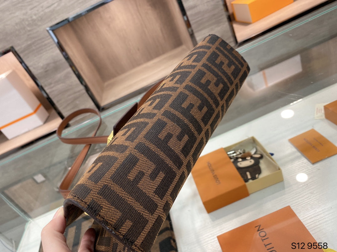 Fendi Brown Zucca Monogram Baguette Handbag with Gold-Tone Hardware