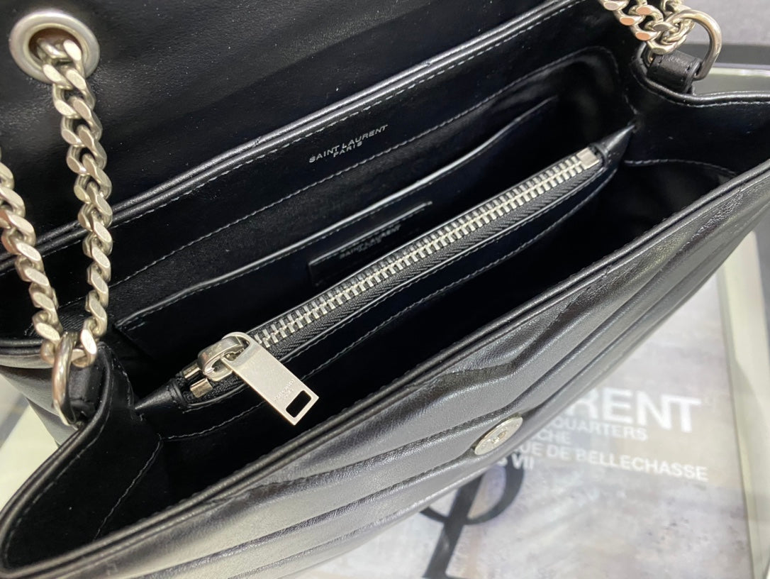 Saint Laurent Loulou Medium Chain Bag in Matelassé "Y" Leather - Black with Silver Hardware