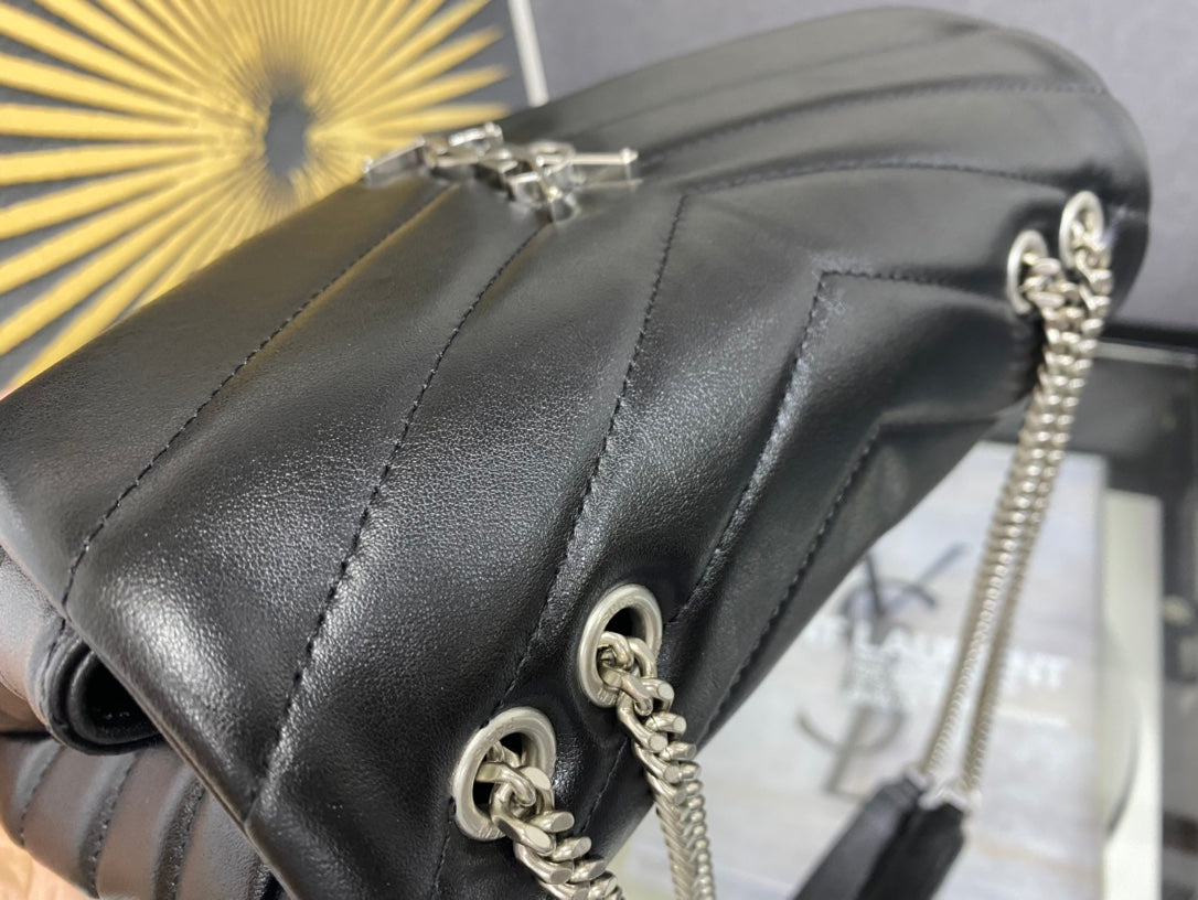 Saint Laurent Loulou Medium Chain Bag in Matelassé "Y" Leather - Black with Silver Hardware