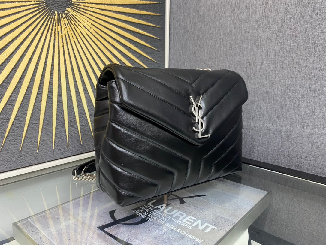 Saint Laurent Loulou Medium Chain Bag in Matelassé "Y" Leather - Black with Silver Hardware