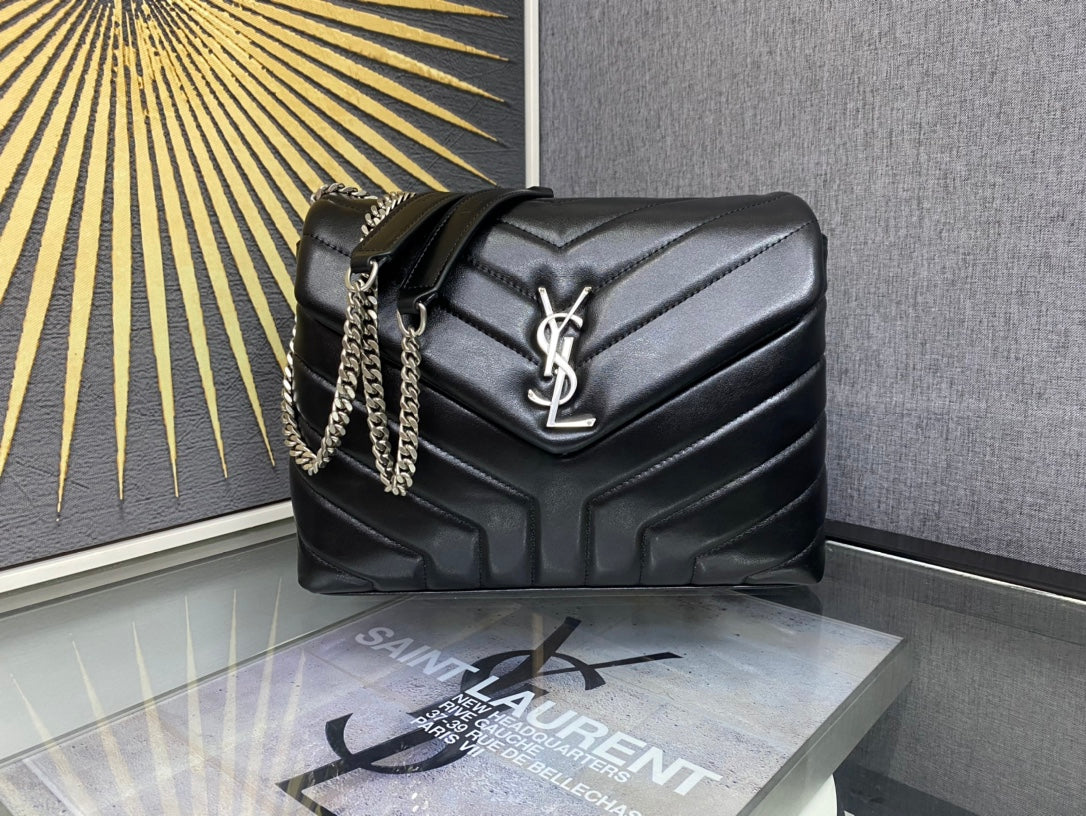 Saint Laurent Loulou Medium Chain Bag in Matelassé "Y" Leather - Black with Silver Hardware