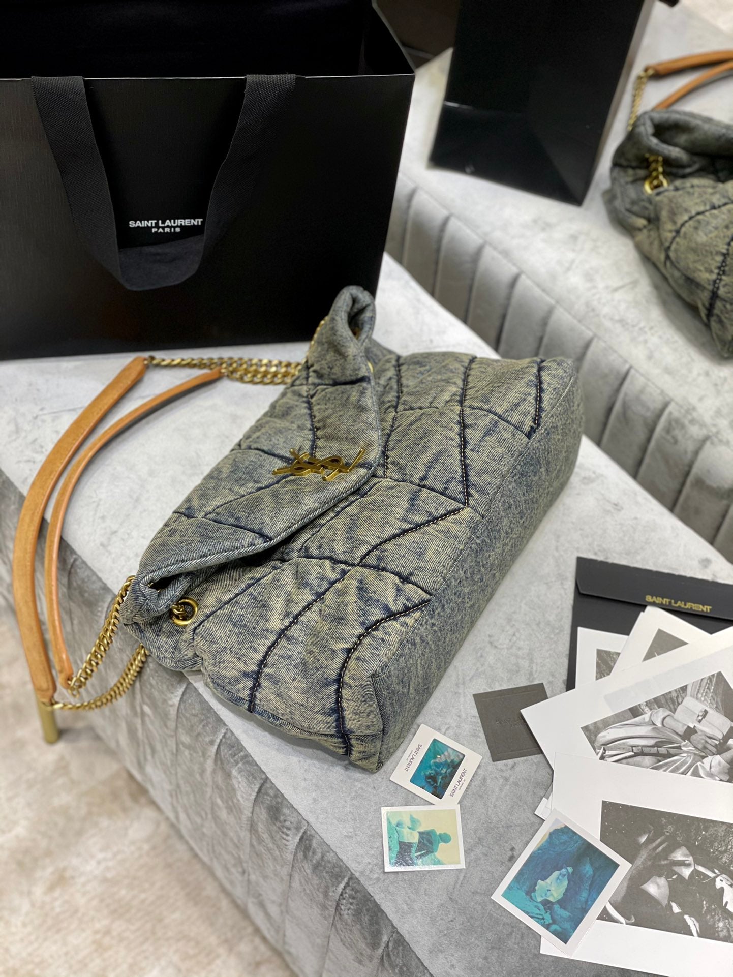 Saint Laurent Puffer Small Bag in Grey Quilted Denim with Gold Hardware