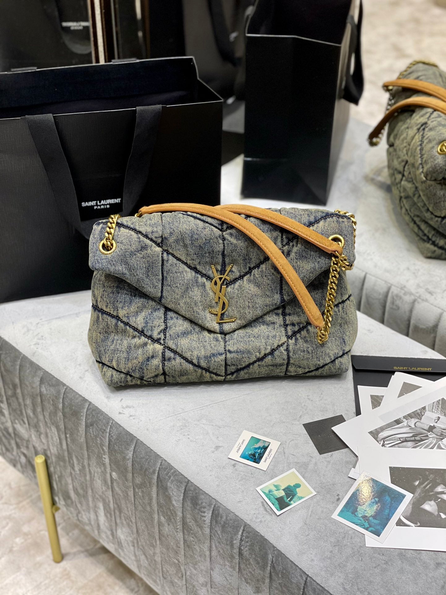 Saint Laurent Puffer Small Bag in Grey Quilted Denim with Gold Hardware