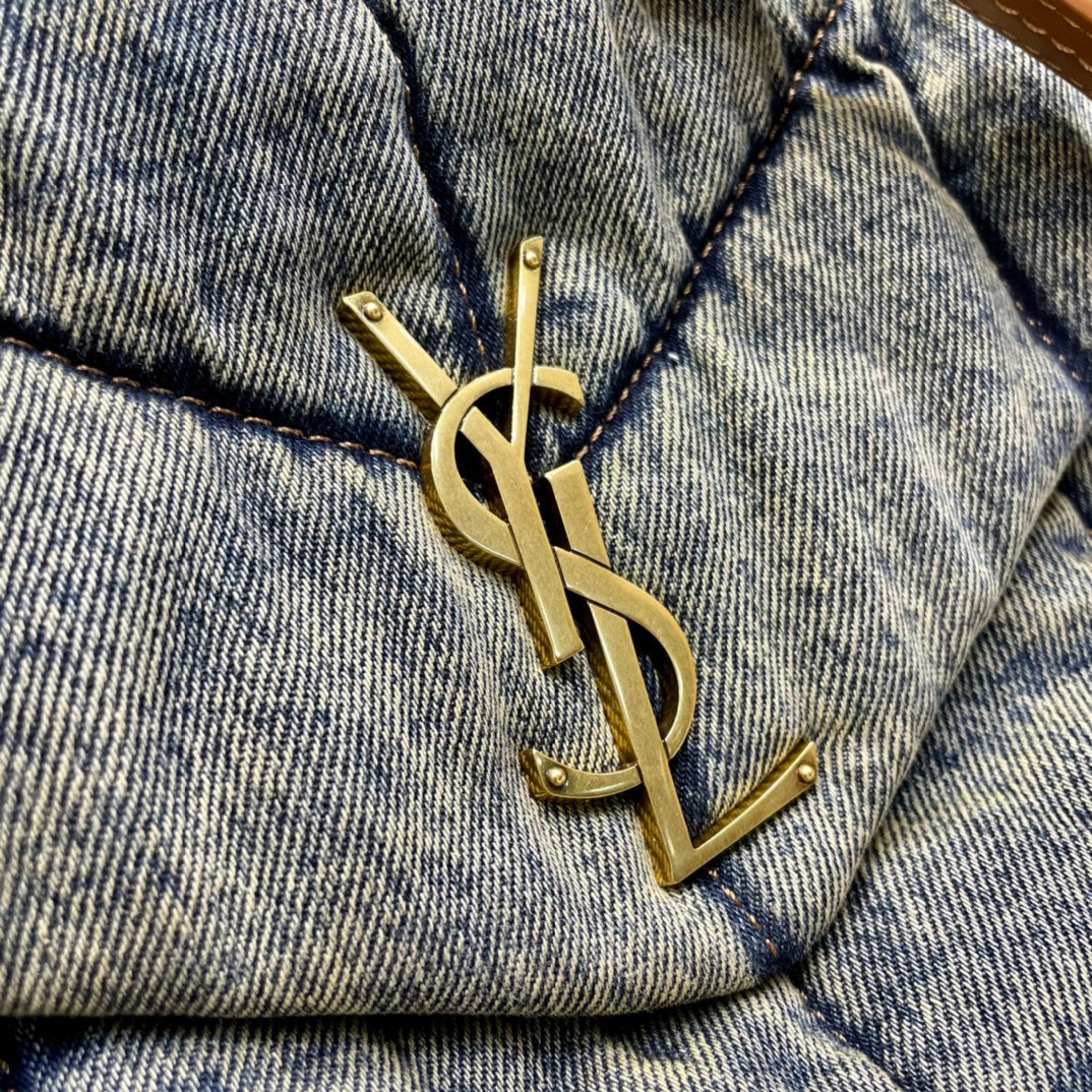 Saint Laurent Puffer Small Bag in Grey Quilted Denim with Gold Hardware