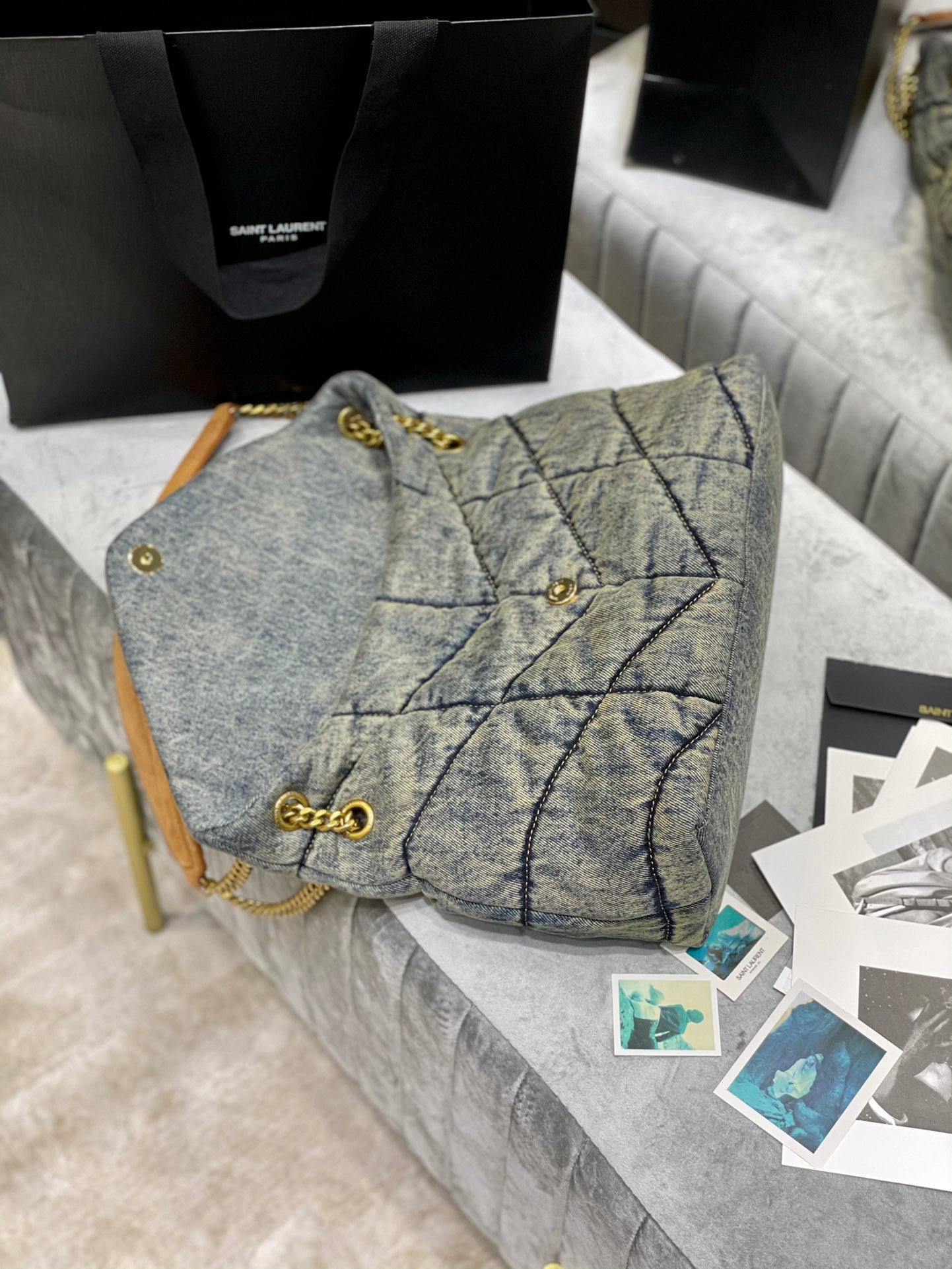 Saint Laurent Puffer Small Bag in Grey Quilted Denim with Gold Hardware