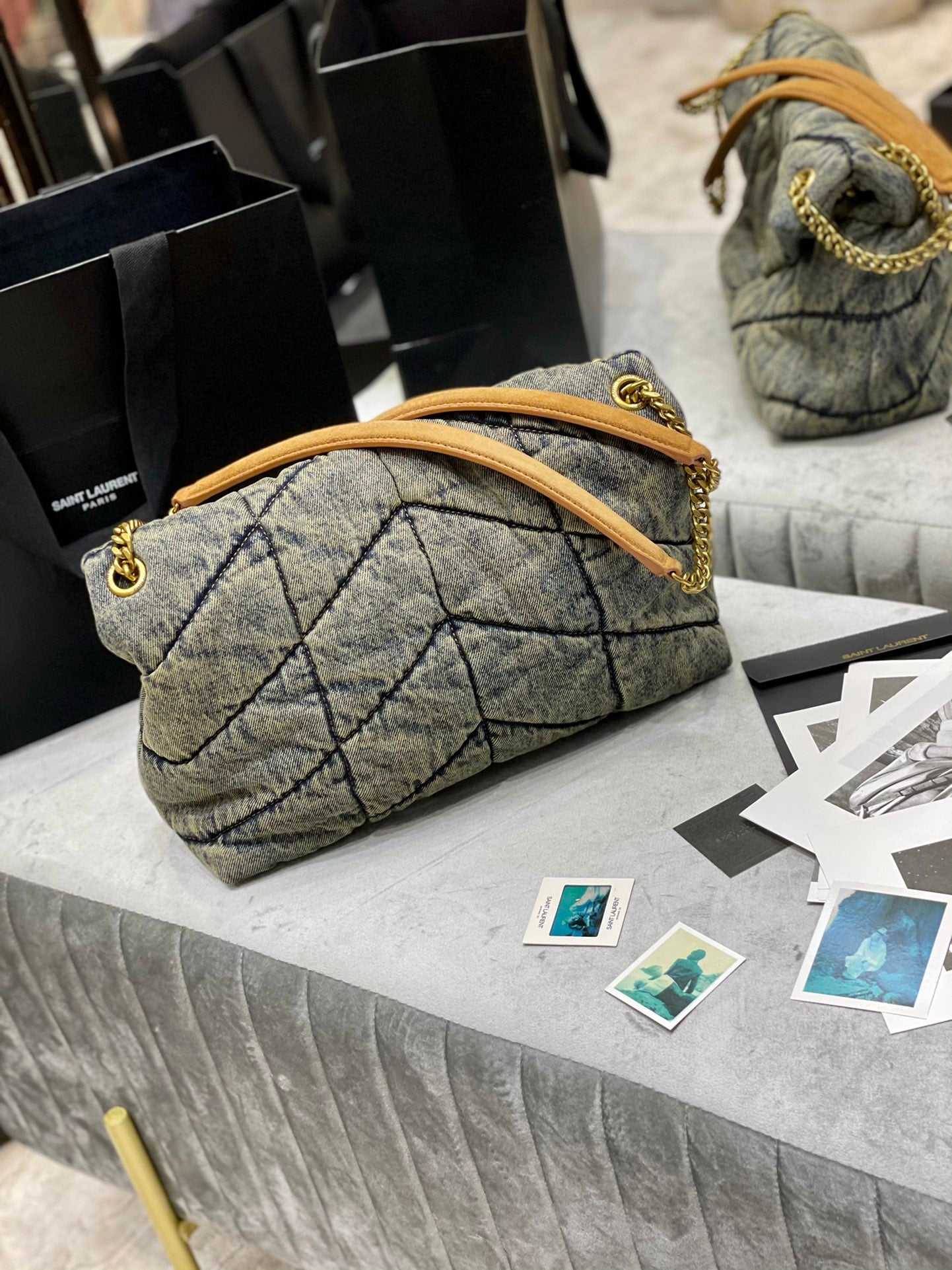 Saint Laurent Puffer Small Bag in Grey Quilted Denim with Gold Hardware