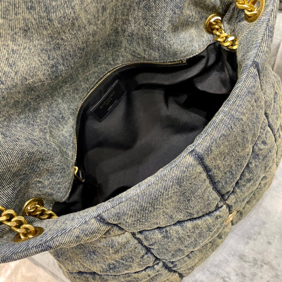Saint Laurent Puffer Small Bag in Grey Quilted Denim with Gold Hardware
