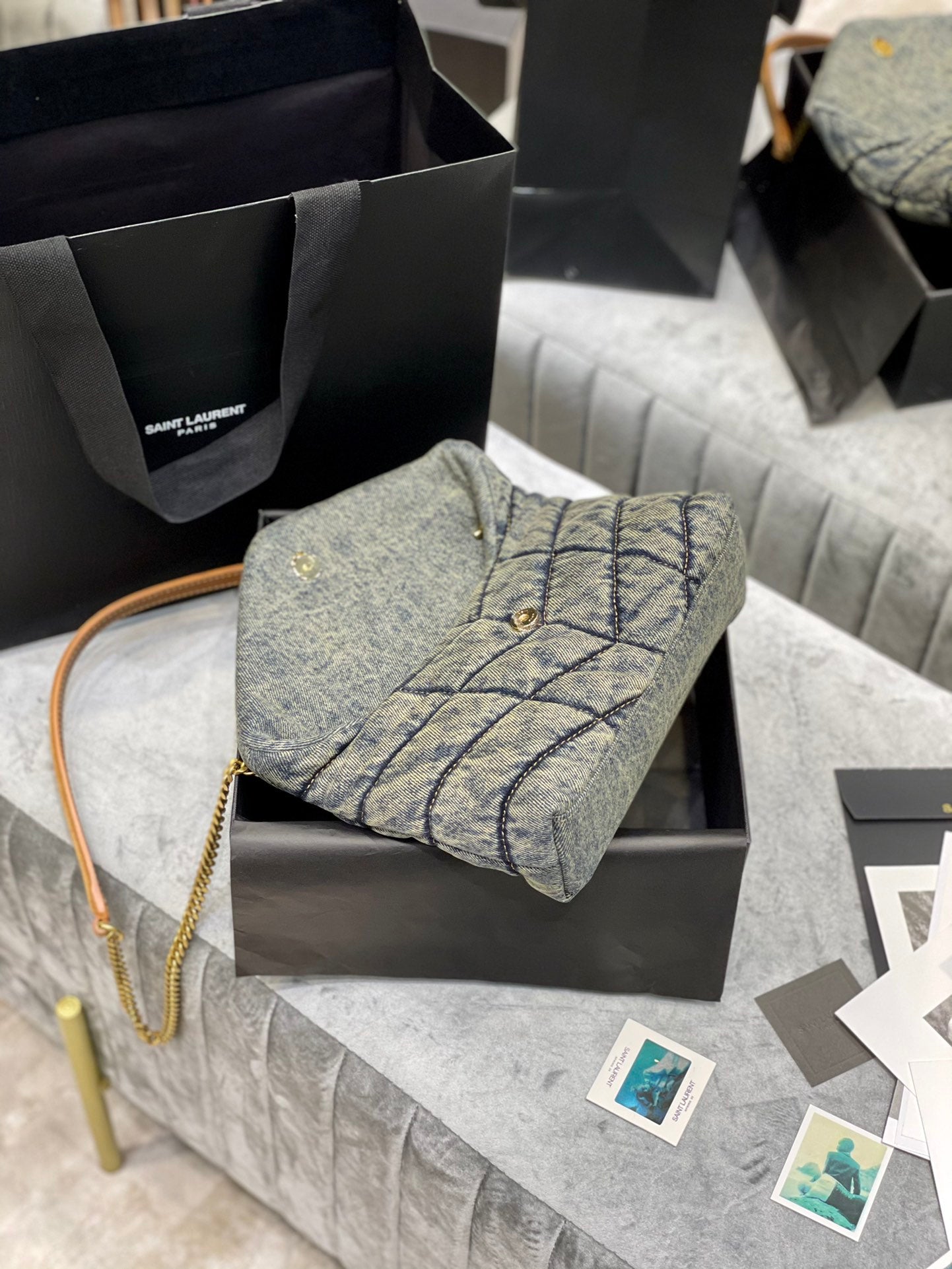 Saint Laurent Puffer Small Bag in Quilted Vintage Denim