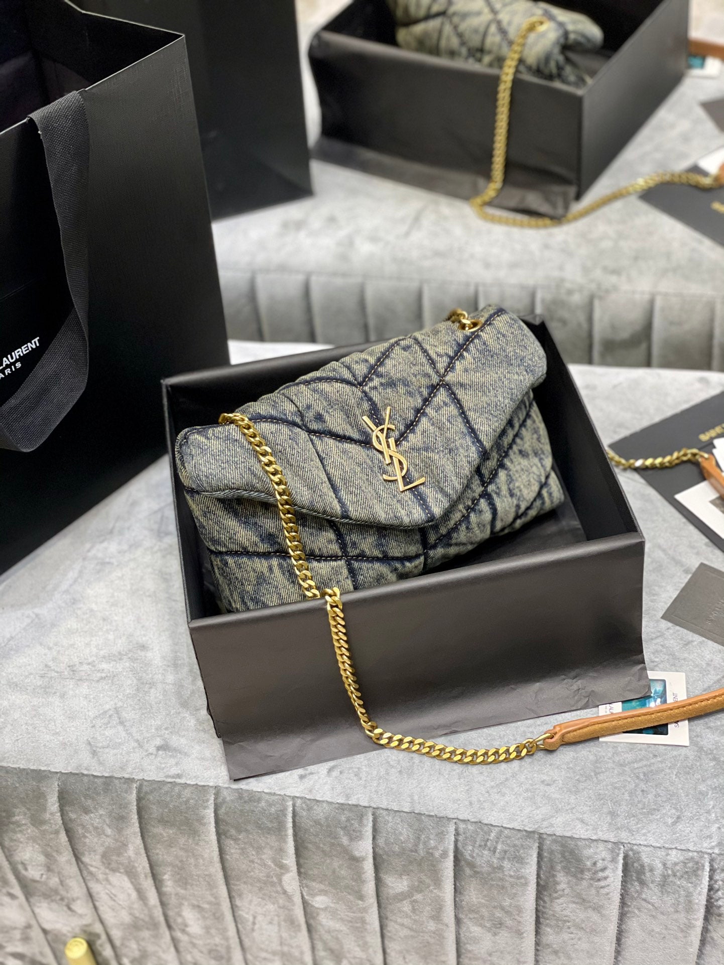 Saint Laurent Puffer Small Bag in Quilted Vintage Denim