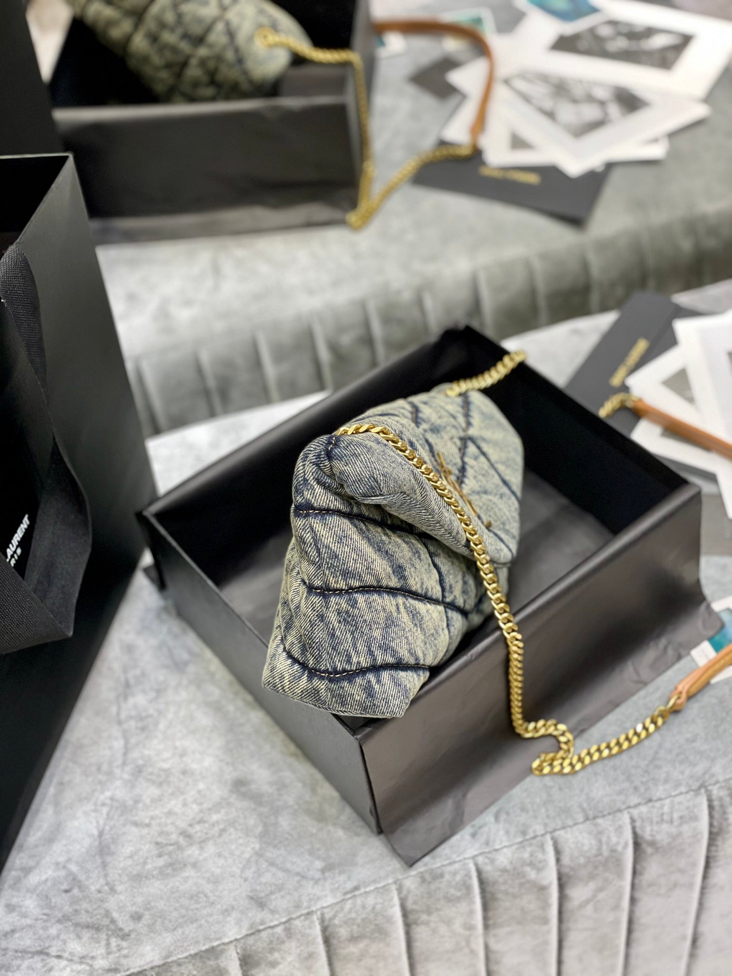 Saint Laurent Puffer Small Bag in Quilted Vintage Denim