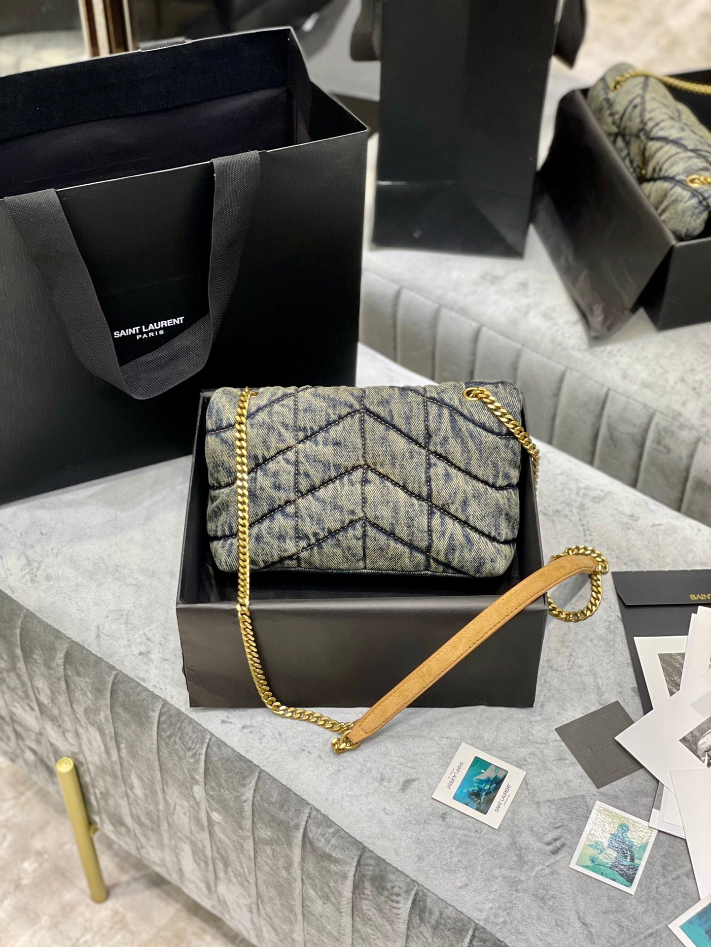 Saint Laurent Puffer Small Bag in Quilted Vintage Denim