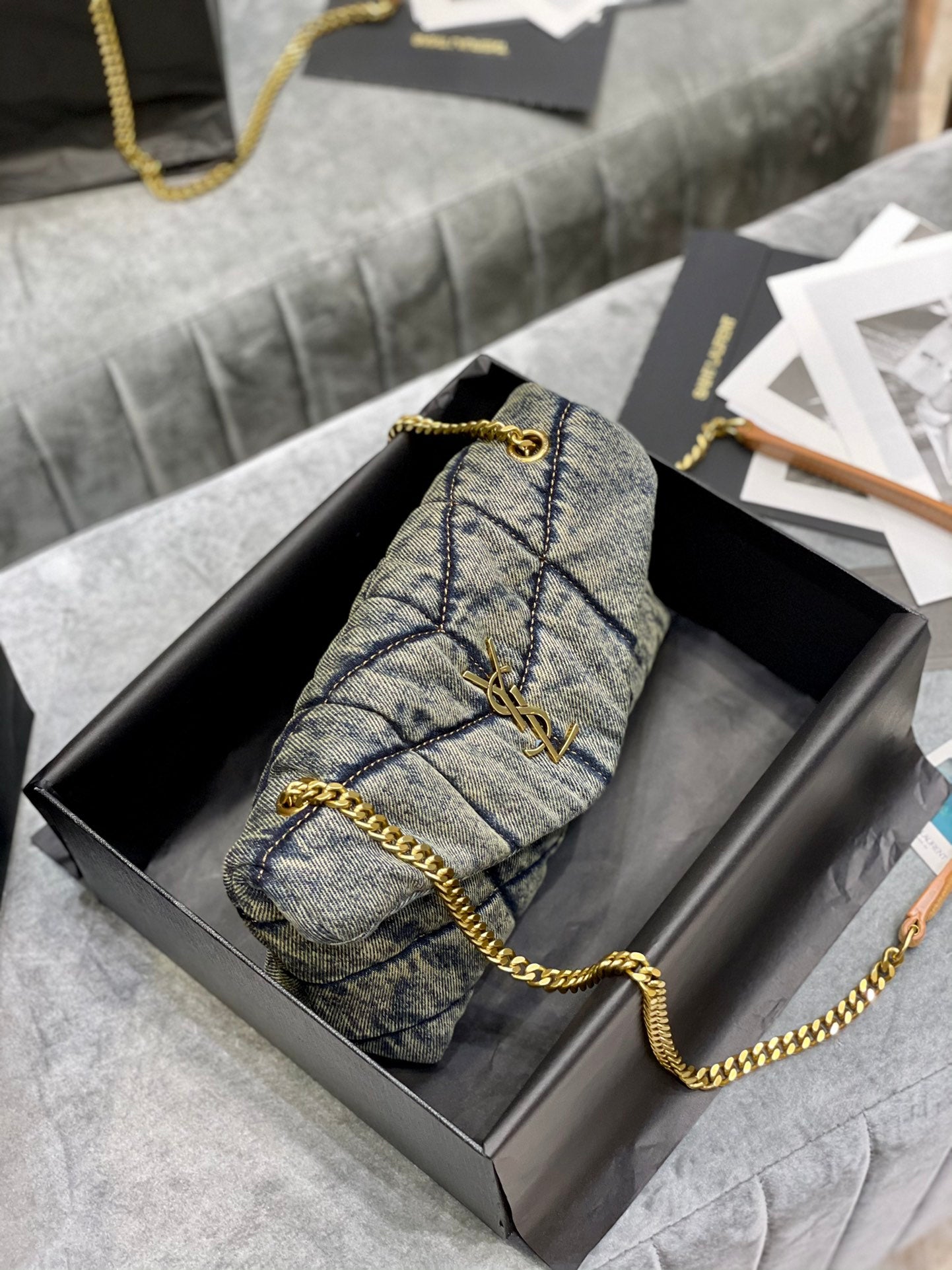 Saint Laurent Puffer Small Bag in Quilted Vintage Denim