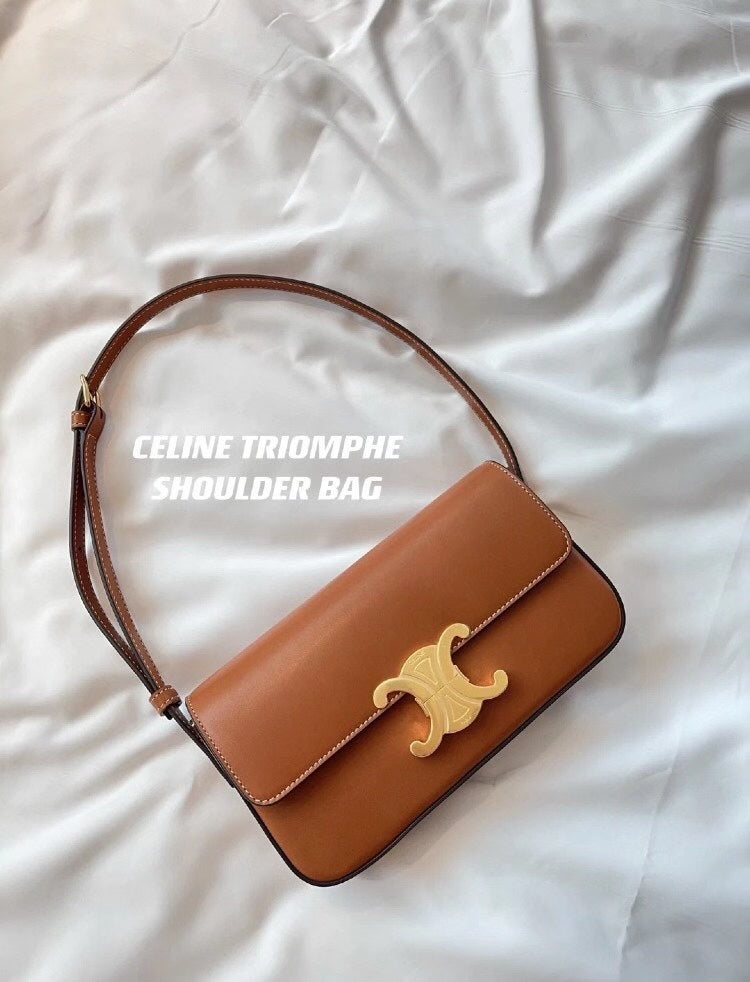 Celine Triomphe Shoulder Bag in Tan Calfskin Leather with Gold Clasp