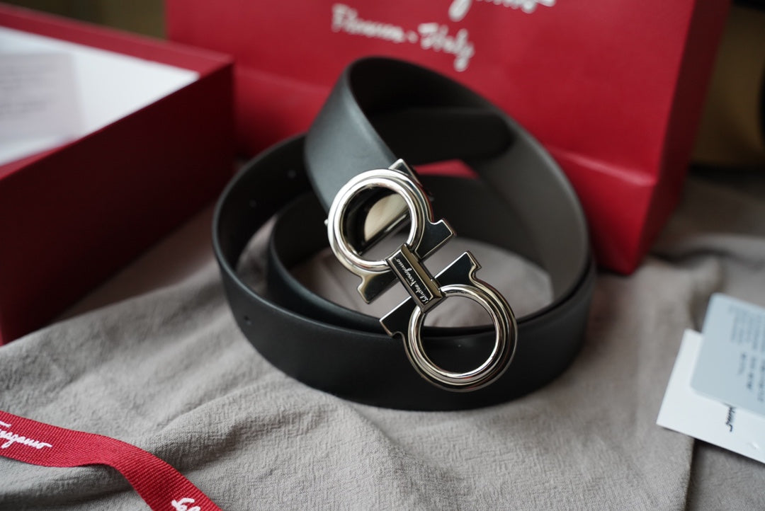 Salvatore Ferragamo Men's Double Gancini Buckle Leather Belt - Black with Silver Hardware