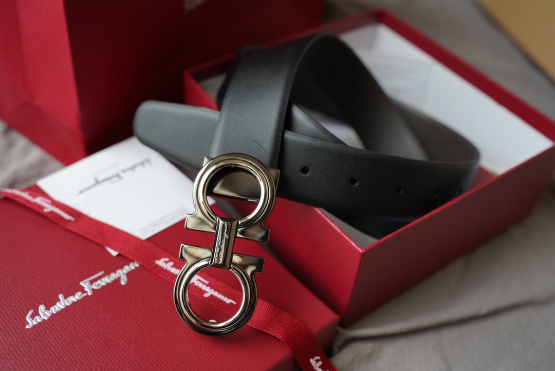 Salvatore Ferragamo Men's Double Gancini Buckle Leather Belt - Black with Silver Hardware