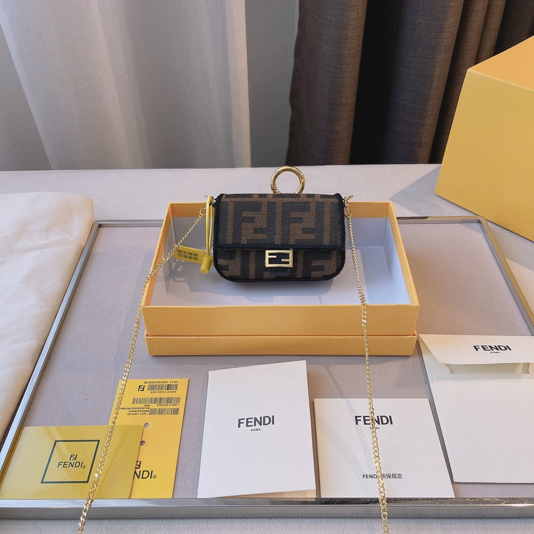 Fendi Nano Baguette Charm in Brown FF Fabric with Gold-Tone Chain
