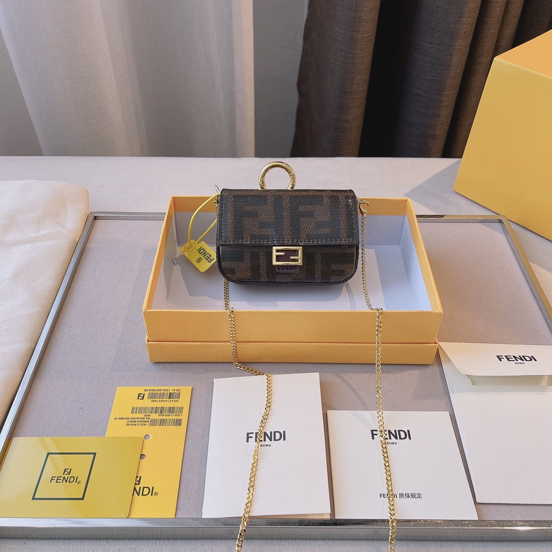 Fendi Nano Baguette Charm in Brown FF Fabric with Gold-Tone Chain