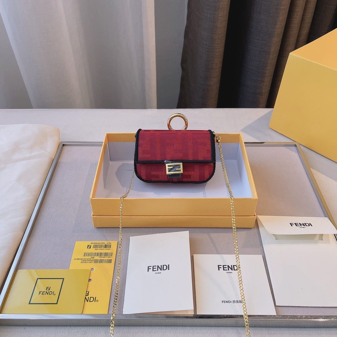 Fendi Nano Baguette Charm in Brown FF Fabric with Gold-Tone Chain