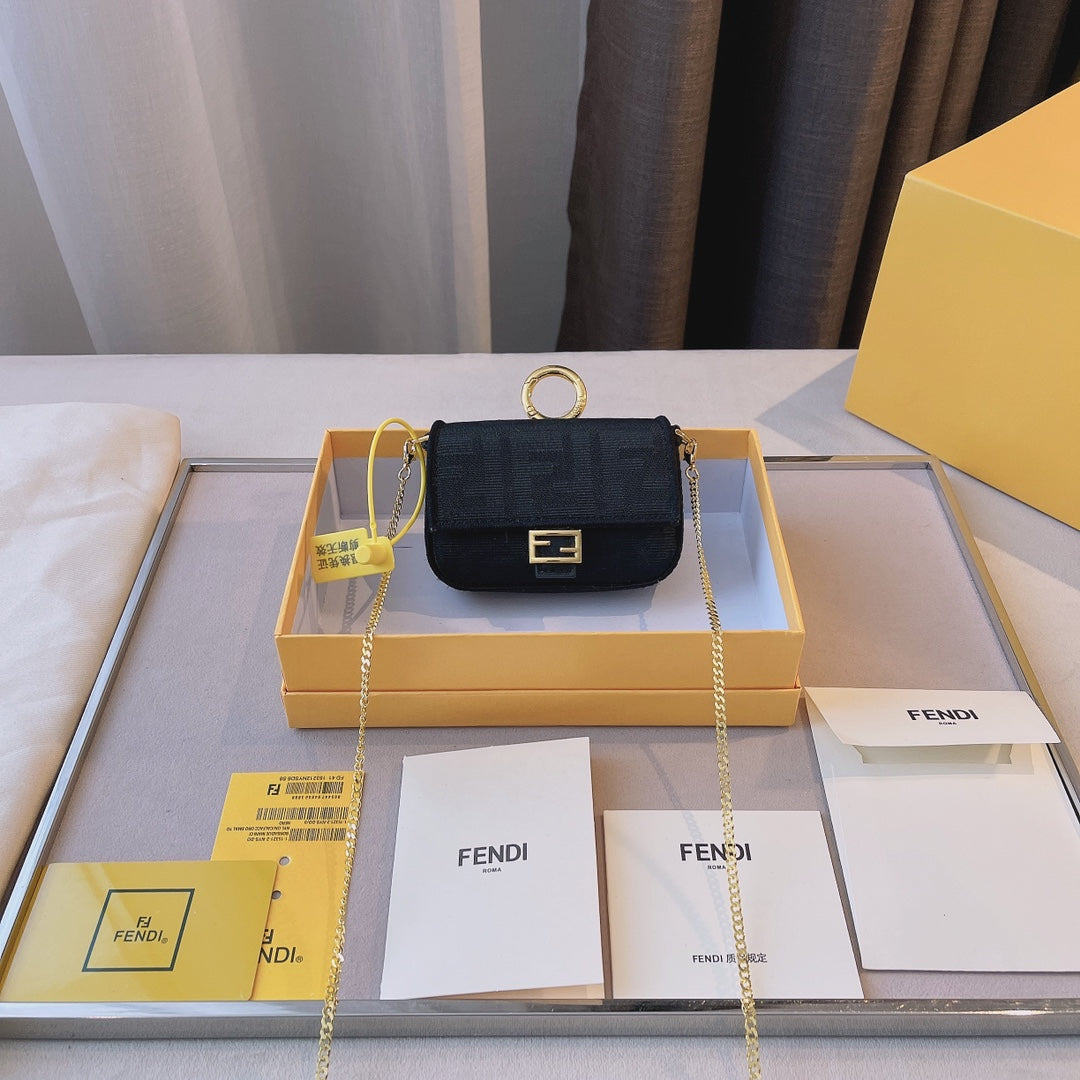 Fendi Nano Baguette Charm - Brown FF Fabric Micro Bag with Chain