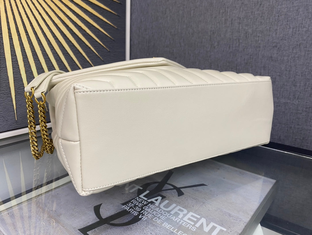 Saint Laurent Loulou Small Shoulder Bag in Quilted Leather - Cream with Gold Hardware