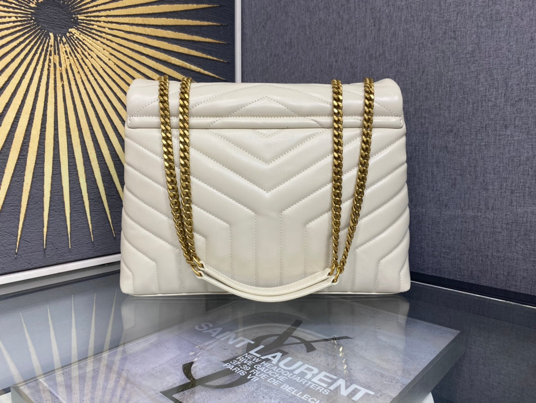 Saint Laurent Loulou Small Shoulder Bag in Quilted Leather - Cream with Gold Hardware