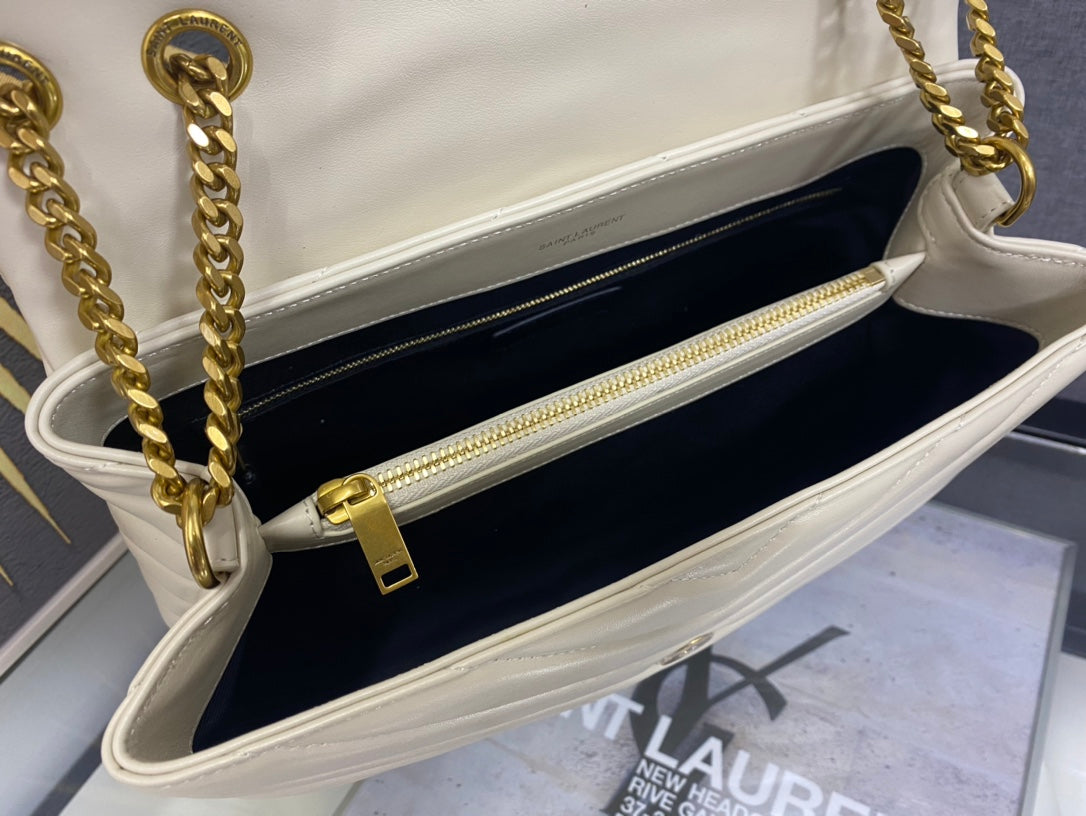Saint Laurent Loulou Small Shoulder Bag in Quilted Leather - Cream with Gold Hardware