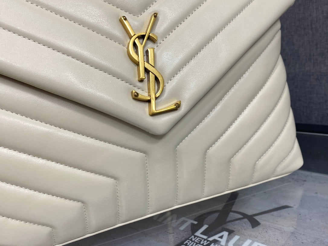 Saint Laurent Loulou Small Shoulder Bag in Quilted Leather - Cream with Gold Hardware