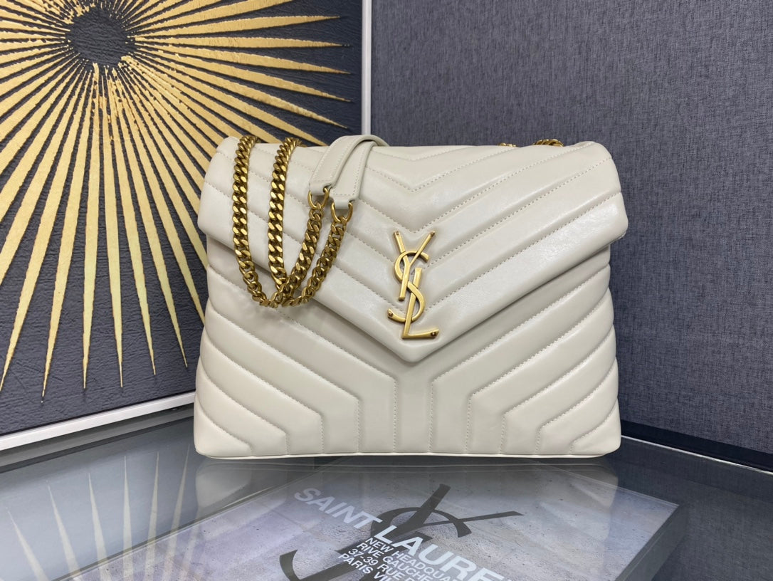 Saint Laurent Loulou Small Shoulder Bag in Quilted Leather - Cream with Gold Hardware