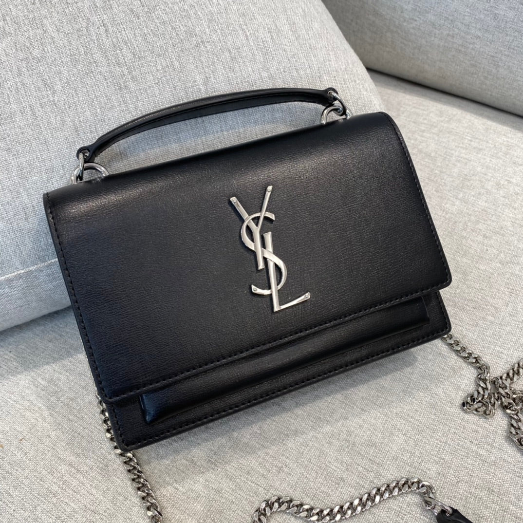 Saint Laurent Sunset Medium Shoulder Bag in Black Leather with Silver Hardware