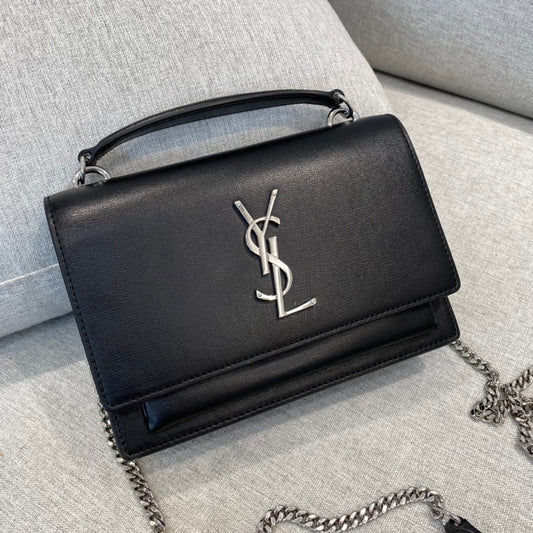 Saint Laurent Sunset Medium Shoulder Bag in Black Leather with Silver Hardware