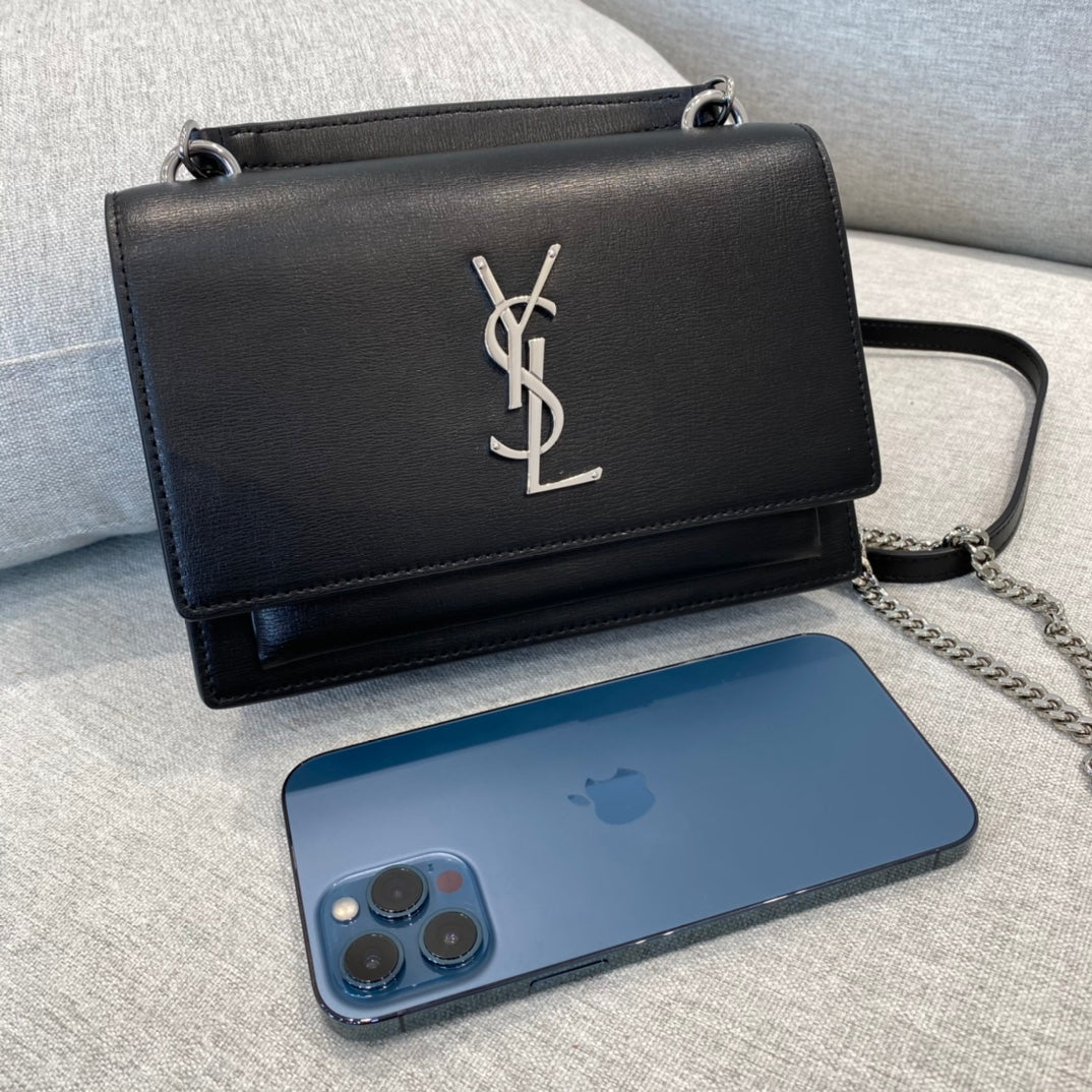 Saint Laurent Sunset Medium Shoulder Bag in Black Leather with Silver Hardware