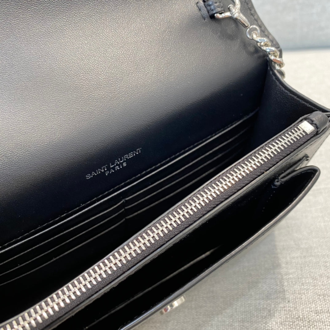 Saint Laurent Sunset Medium Shoulder Bag in Black Leather with Silver Hardware