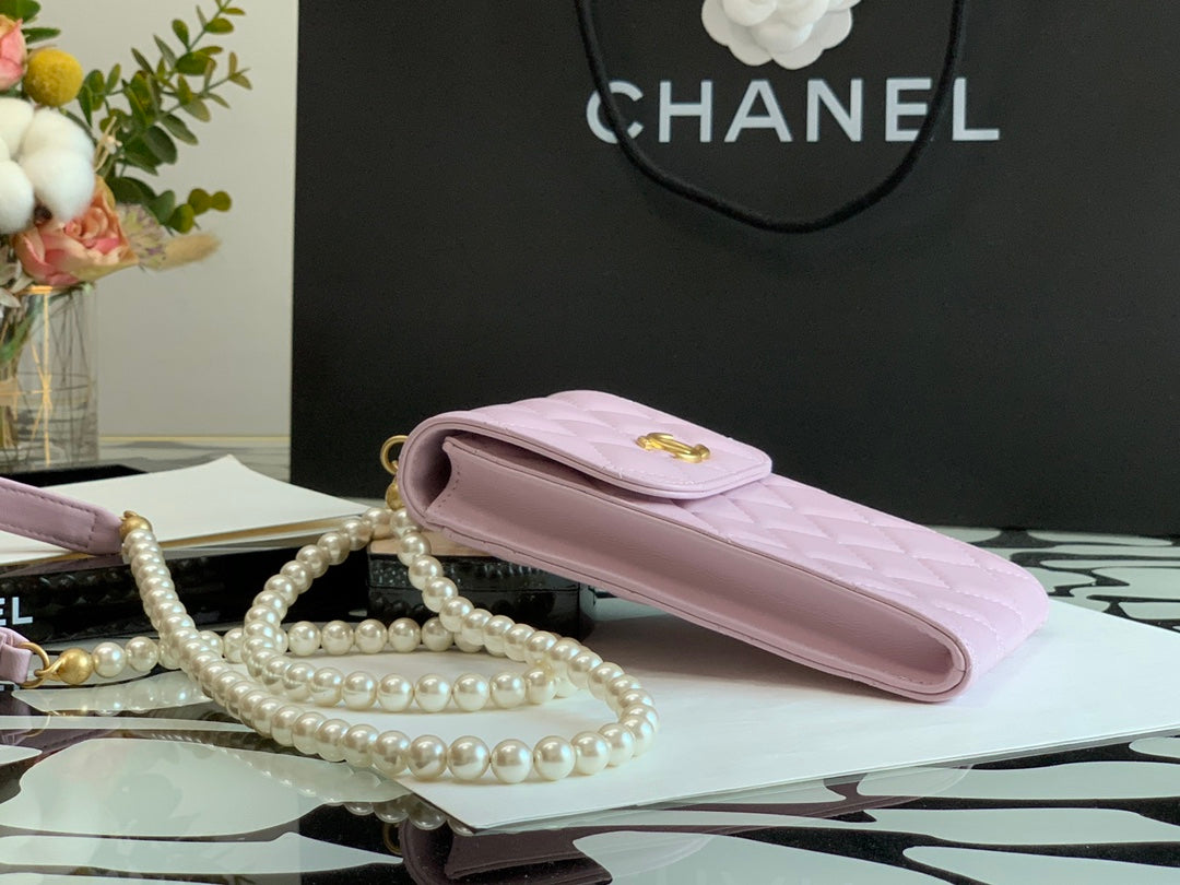 Chanel Quilted Lambskin Phone Holder with Pearl Strap - Light Pink