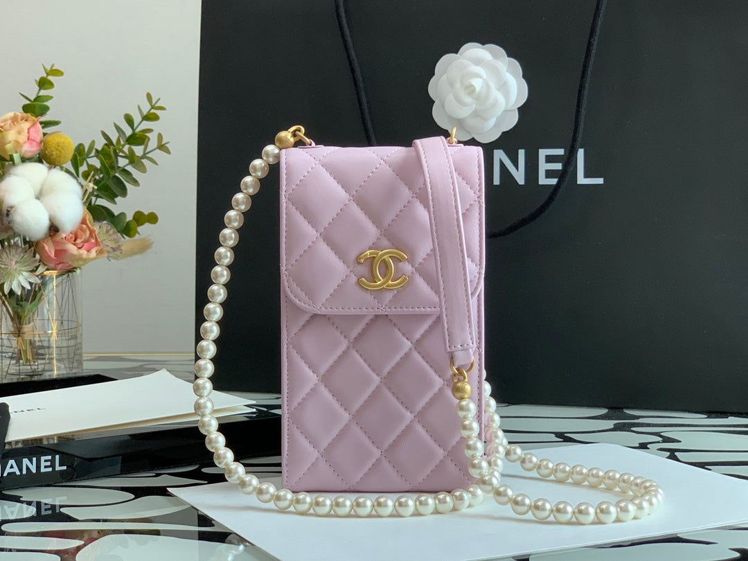 Chanel Quilted Lambskin Phone Holder with Pearl Strap - Light Pink