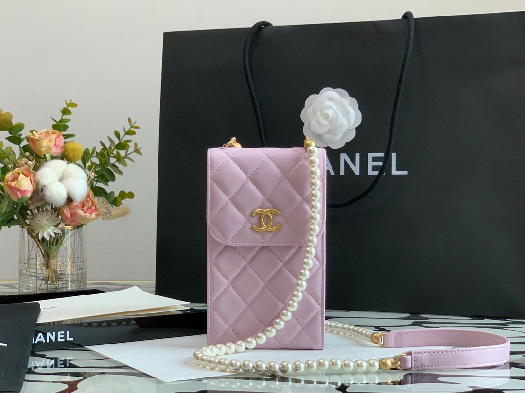 Chanel Quilted Lambskin Phone Holder with Pearl Strap - Light Pink