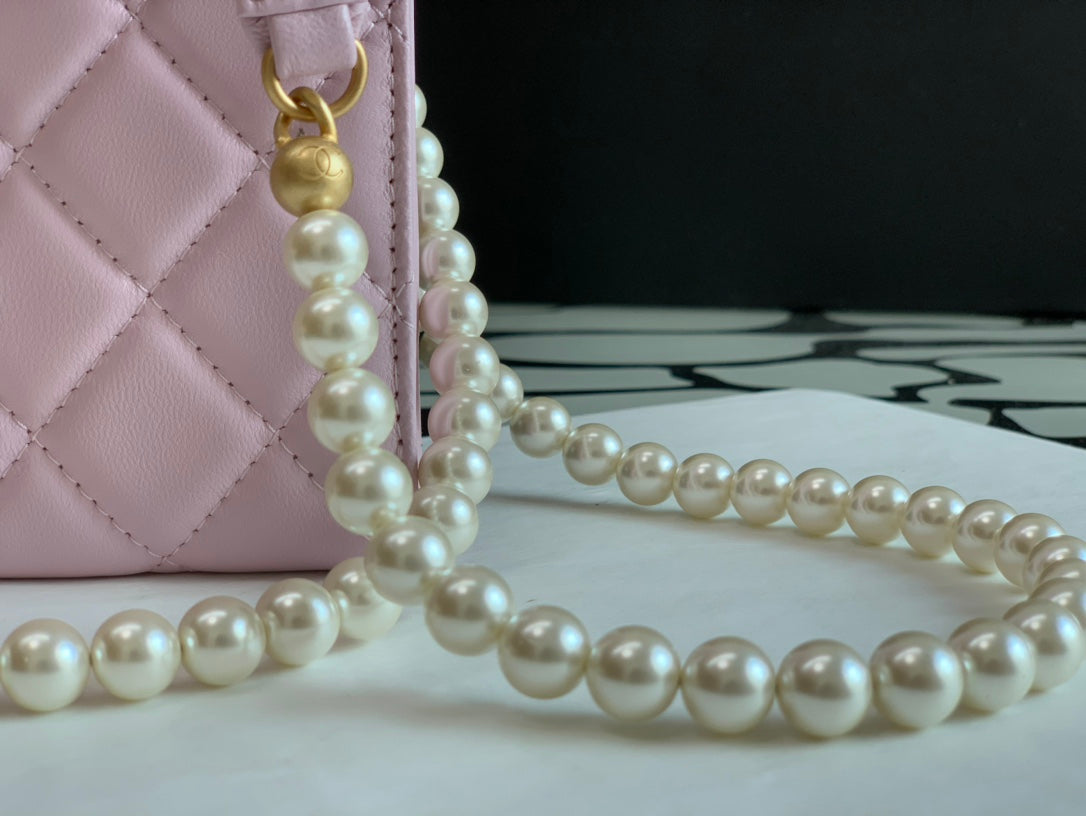 Chanel Quilted Lambskin Phone Holder with Pearl Strap - Light Pink