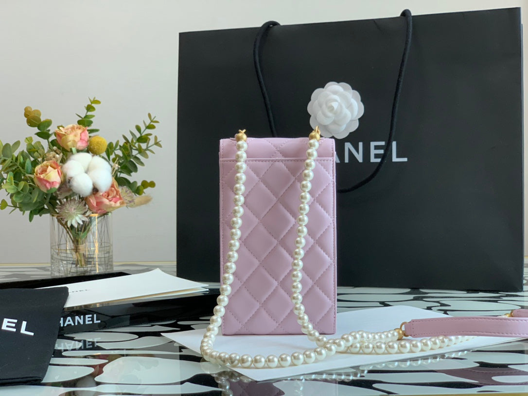 Chanel Quilted Lambskin Phone Holder with Pearl Strap - Light Pink