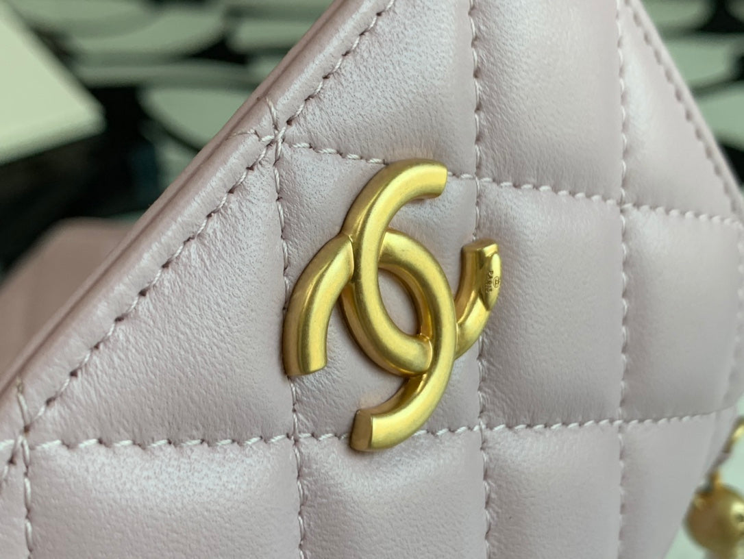 Chanel Quilted Lambskin Phone Holder with Pearl Strap - Light Pink