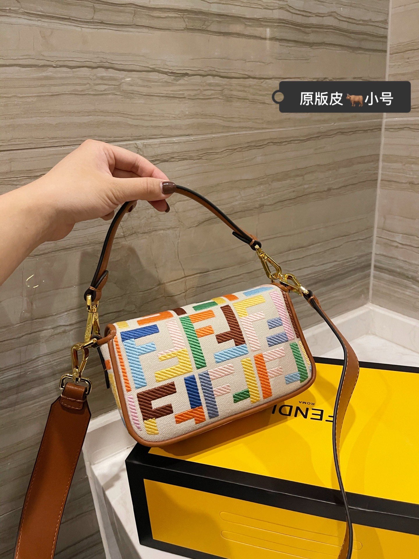 Fendi Baguette Multicolor Monogram Canvas Small Handbag with Leather Trim